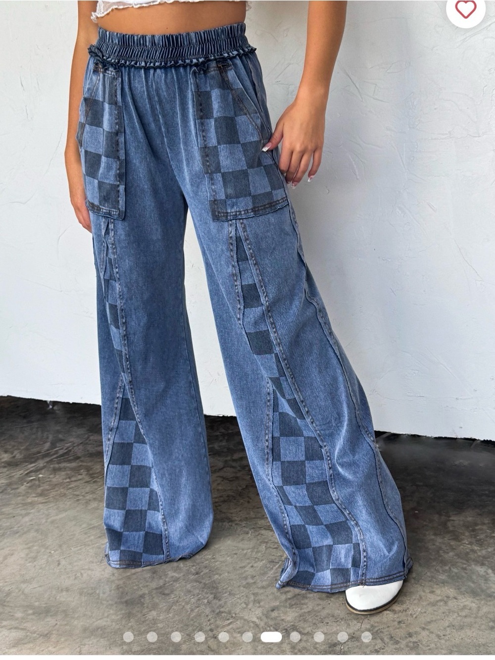 Vintage-Inspired Wide Leg Checkerboard Denim Pants - Blue Size S/M